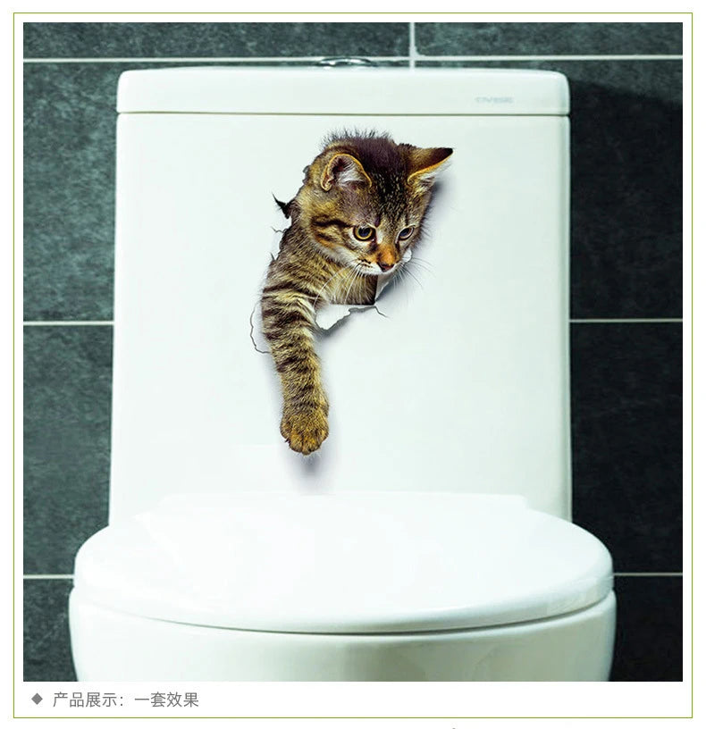 Cute Cats Wall Sticker Hole View Vivid Dogs Bathroom 3D Stickers For Home Decoration Animals Decals Self-adhesive Poster