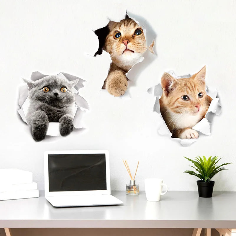 Cute Cats Wall Sticker Hole View Vivid Dogs Bathroom 3D Stickers For Home Decoration Animals Decals Self-adhesive Poster