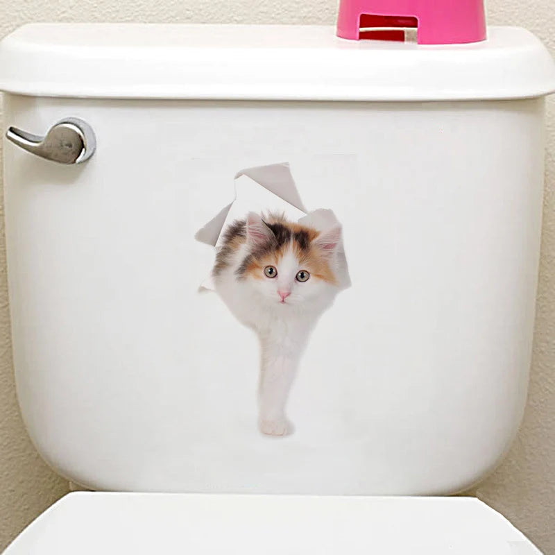 Cute Cats Wall Sticker Hole View Vivid Dogs Bathroom 3D Stickers For Home Decoration Animals Decals Self-adhesive Poster