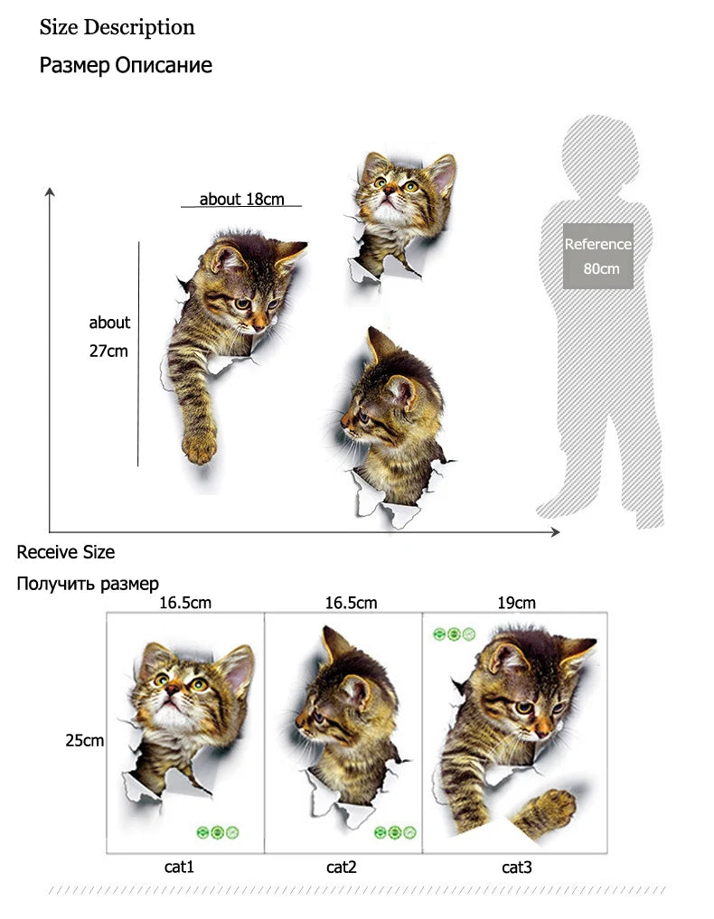 Cute Cats Wall Sticker Hole View Vivid Dogs Bathroom 3D Stickers For Home Decoration Animals Decals Self-adhesive Poster