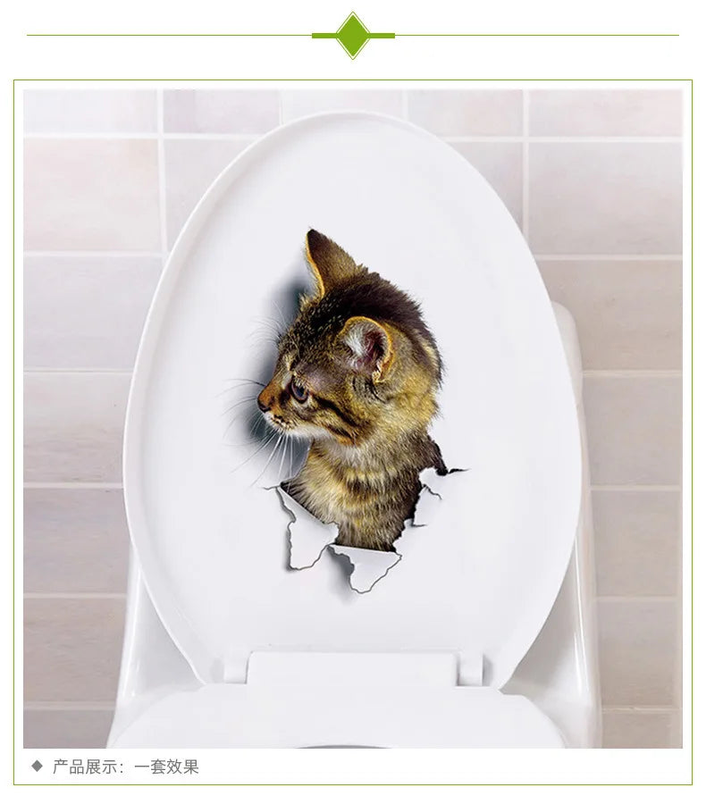 Cute Cats Wall Sticker Hole View Vivid Dogs Bathroom 3D Stickers For Home Decoration Animals Decals Self-adhesive Poster