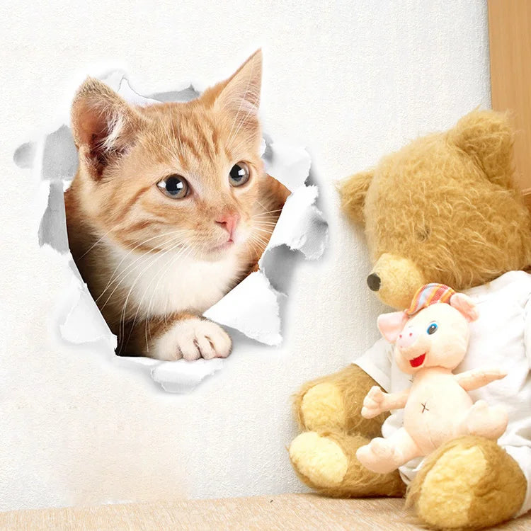 Cute Cats Wall Sticker Hole View Vivid Dogs Bathroom 3D Stickers For Home Decoration Animals Decals Self-adhesive Poster