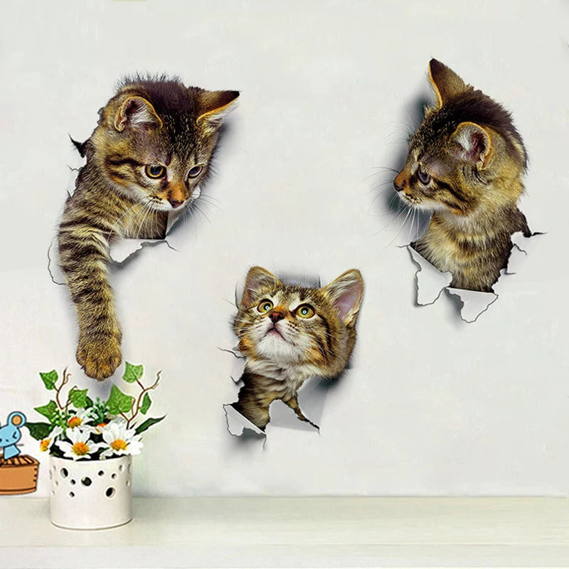 Cute Cats Wall Sticker Hole View Vivid Dogs Bathroom 3D Stickers For Home Decoration Animals Decals Self-adhesive Poster