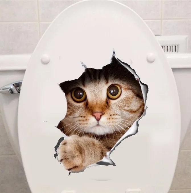 Cute Cats Wall Sticker Hole View Vivid Dogs Bathroom 3D Stickers For Home Decoration Animals Decals Self-adhesive Poster