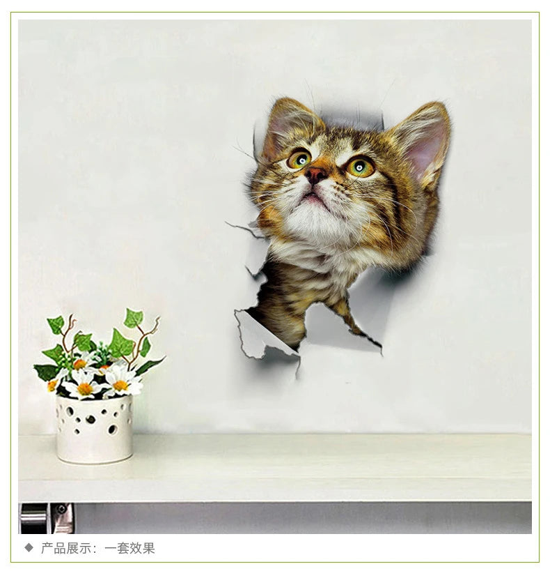 Cute Cats Wall Sticker Hole View Vivid Dogs Bathroom 3D Stickers For Home Decoration Animals Decals Self-adhesive Poster