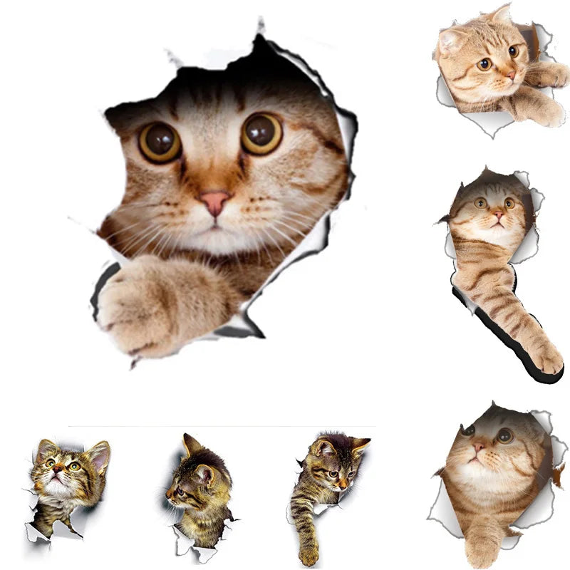 Cute Cats Wall Sticker Hole View Vivid Dogs Bathroom 3D Stickers For Home Decoration Animals Decals Self-adhesive Poster