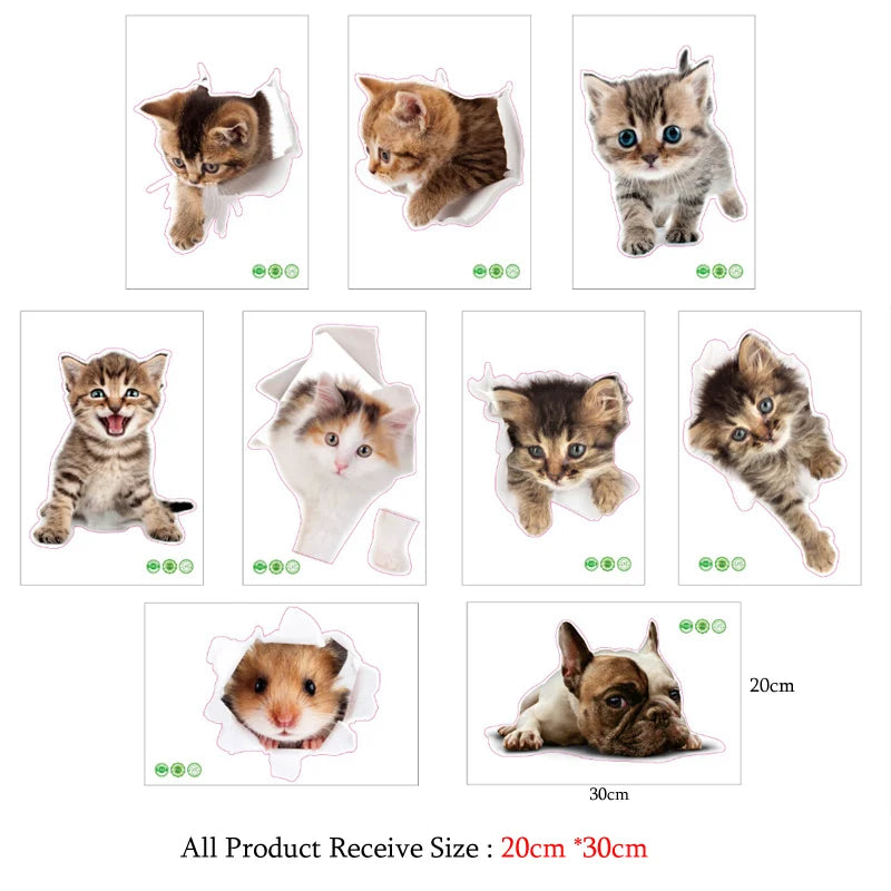 Cute Cats Wall Sticker Hole View Vivid Dogs Bathroom 3D Stickers For Home Decoration Animals Decals Self-adhesive Poster