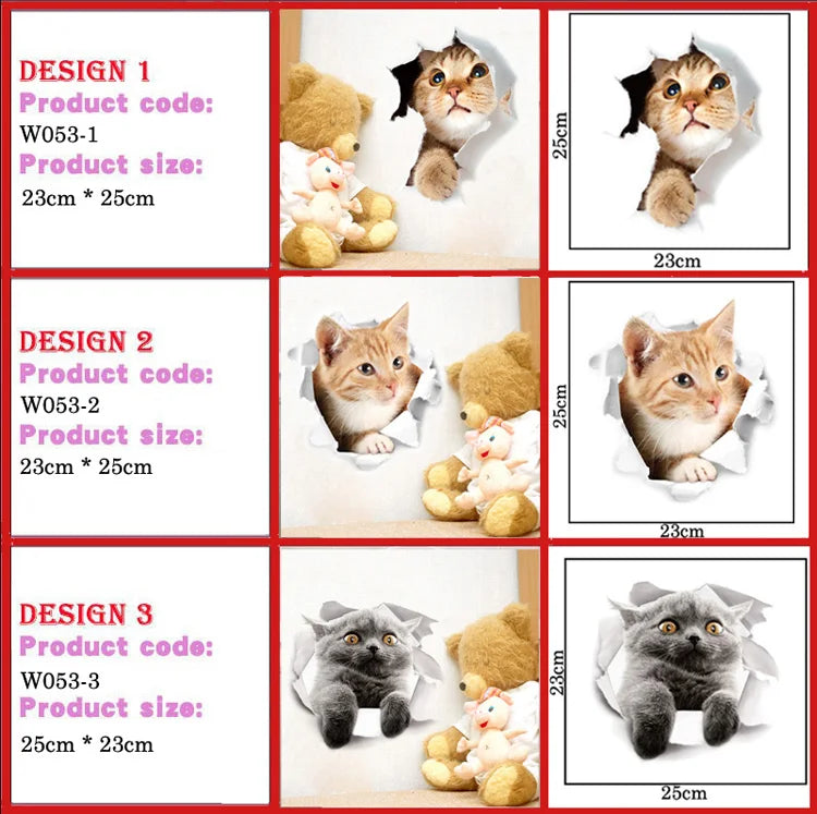 Cute Cats Wall Sticker Hole View Vivid Dogs Bathroom 3D Stickers For Home Decoration Animals Decals Self-adhesive Poster