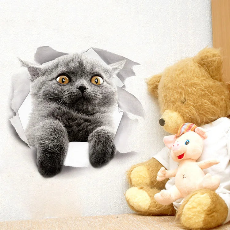 Cute Cats Wall Sticker Hole View Vivid Dogs Bathroom 3D Stickers For Home Decoration Animals Decals Self-adhesive Poster