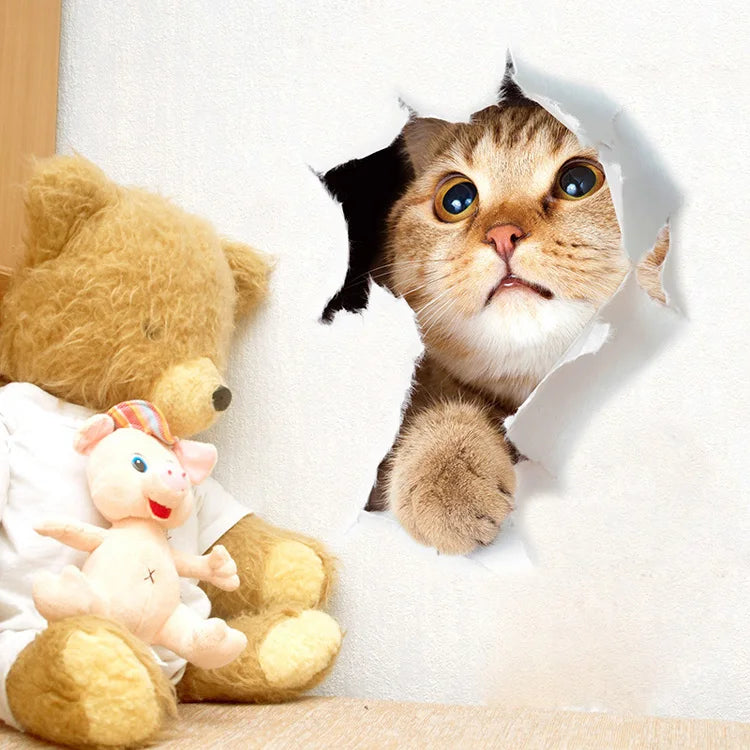 Cute Cats Wall Sticker Hole View Vivid Dogs Bathroom 3D Stickers For Home Decoration Animals Decals Self-adhesive Poster