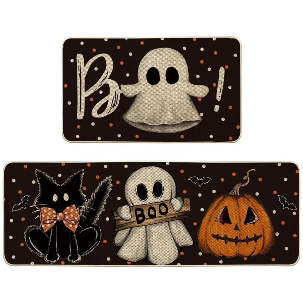 VIKAMA 2pcs Halloween Kitchen Carpet, Indoor And Outdoor Welcome Doormat, Bedroom And Living Room Floor Mat, Home Decoration