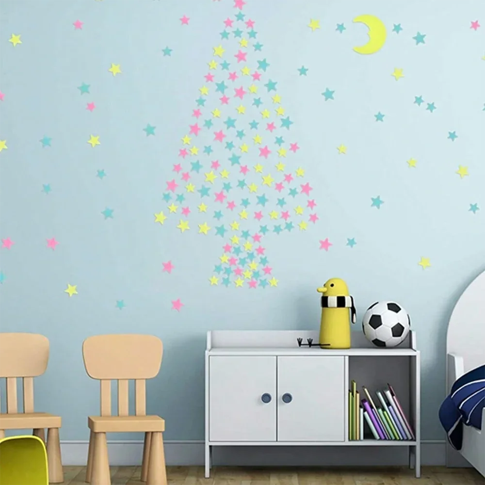 100 pcs Luminous Moon and Stars Wall Stickers Glow in the Dark Wall Decals Bedroom Ceiling Home Decorative Stickers Kids Room