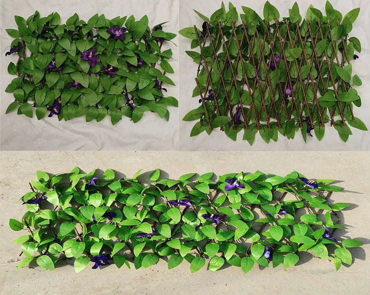 Simulation Fence Telescopic Fence Fake Flowers Green Leaves Artificial Faux Ivy Leaves Wooden Fence for Garden Decor Buildings