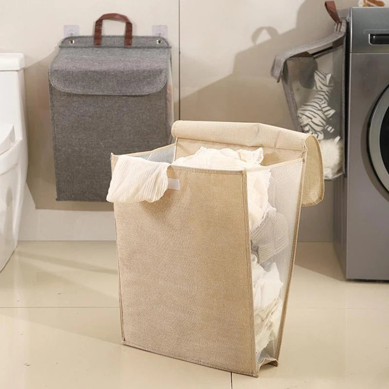 Foldable Adhesive Laundry Basket Hamper, Multifunctional Punch Free Wall Hanging Washing Clothes Mesh Hook Organizer