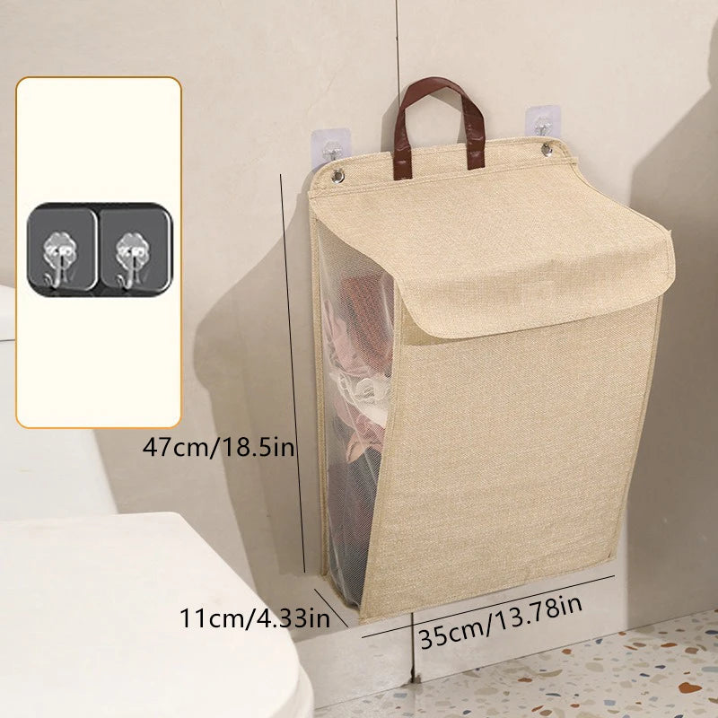 Foldable Adhesive Laundry Basket Hamper, Multifunctional Punch Free Wall Hanging Washing Clothes Mesh Hook Organizer