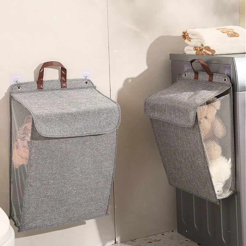 Foldable Adhesive Laundry Basket Hamper, Multifunctional Punch Free Wall Hanging Washing Clothes Mesh Hook Organizer
