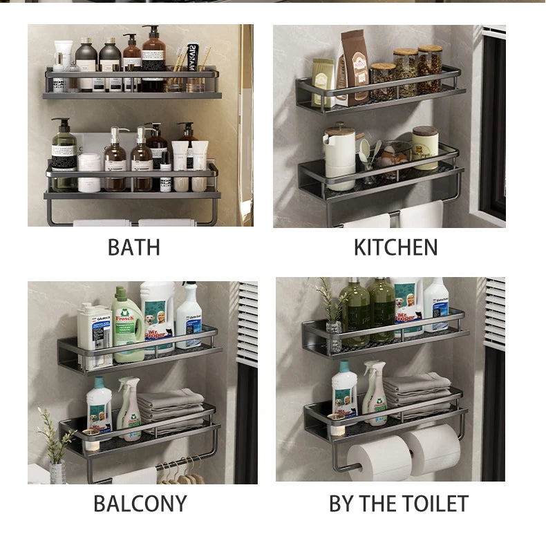 Bathroom Shelf Makeup Storage Organizers Aluminum Shower Shampoo Towel Rack Shelves No Drill Wall Shelf Bathroom Accessories