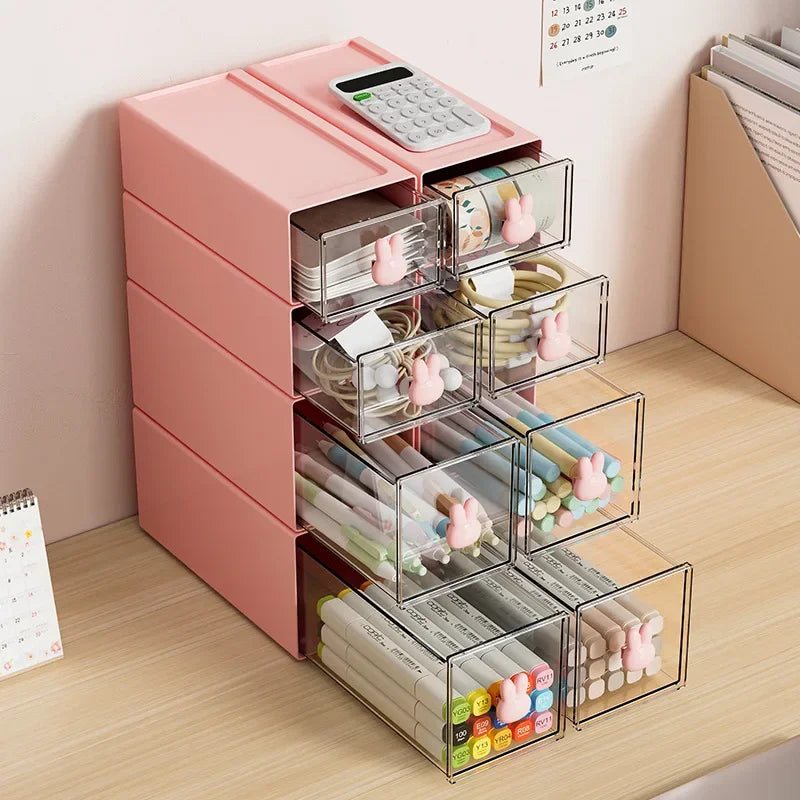 Rabbit Kawaii Desktop Organizer Office Transparent Drawer Student Desk Stationery and Sundry Storage Shelf Pen Holder Stationery