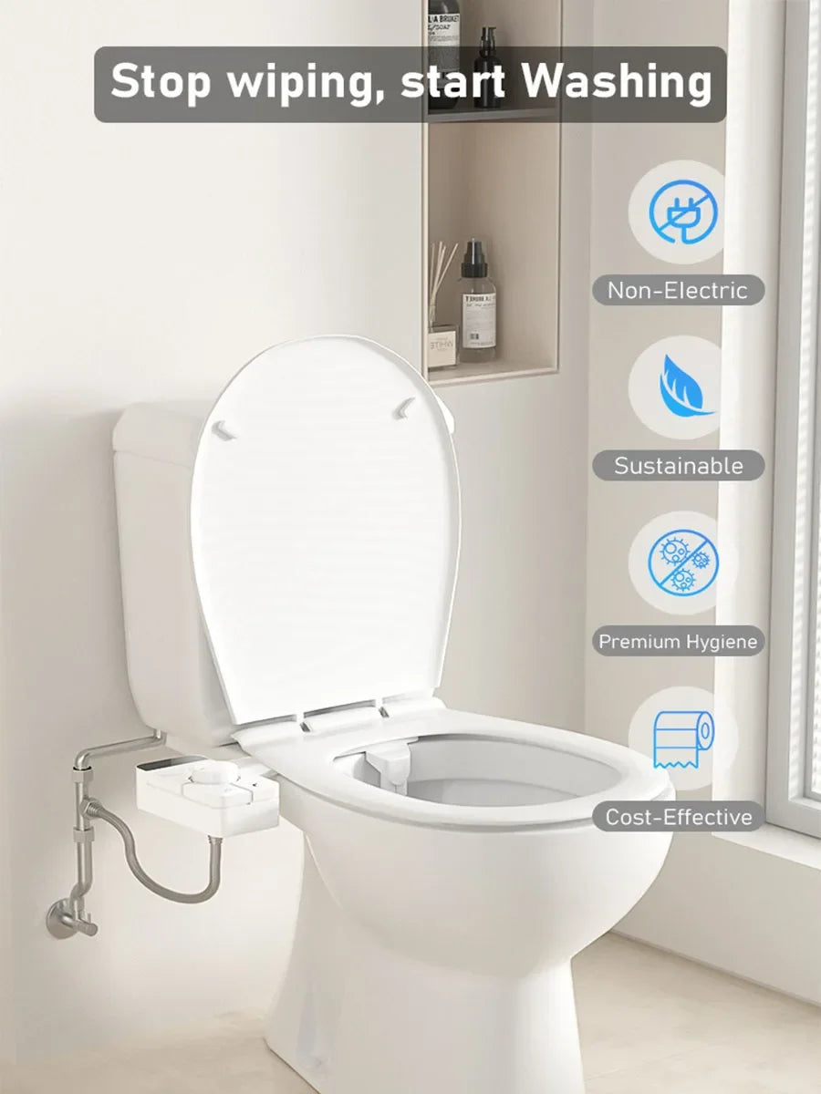Adjustable Water Pressure Ass Sprayer Bidet Sprayer Attachment Non-Electric Ultra-Slim Toilet Seat Attachment Dual Nozzle Bide
