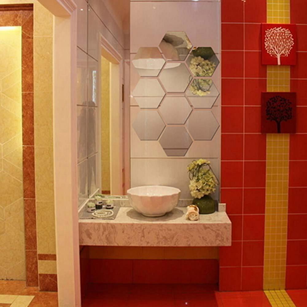 12Pcs Hexagonal Self Adhesive Mirror 3D Mirror Wall Sticker Home Decor Decorations DIY Removable Living Room Decal Art Ornaments
