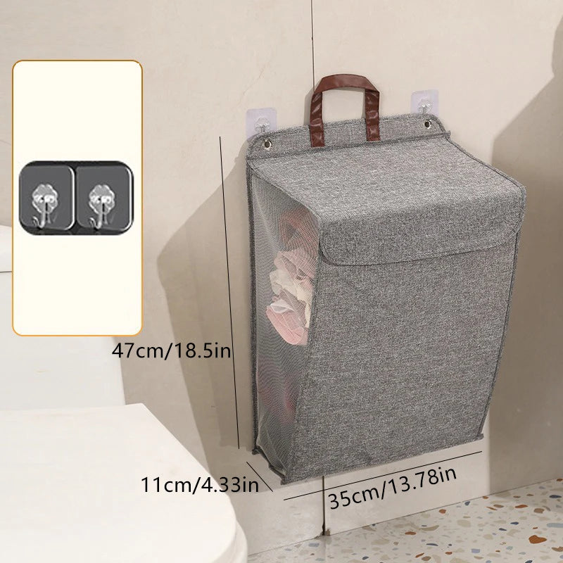 Foldable Adhesive Laundry Basket Hamper, Multifunctional Punch Free Wall Hanging Washing Clothes Mesh Hook Organizer