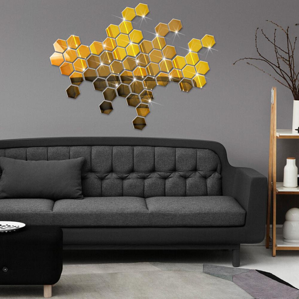 12Pcs Hexagonal Self Adhesive Mirror 3D Mirror Wall Sticker Home Decor Decorations DIY Removable Living Room Decal Art Ornaments