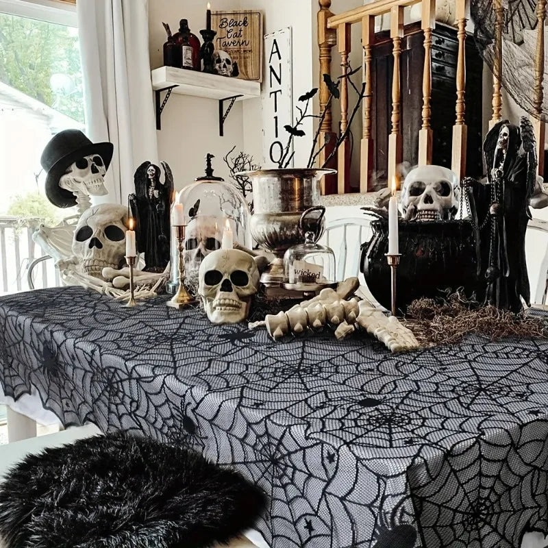 Black Lace Spider Web Tablecloth - Halloween Decoration,Suitable for Fireplace,Fireplace Rack,Kitchen,and Party Table Decoration