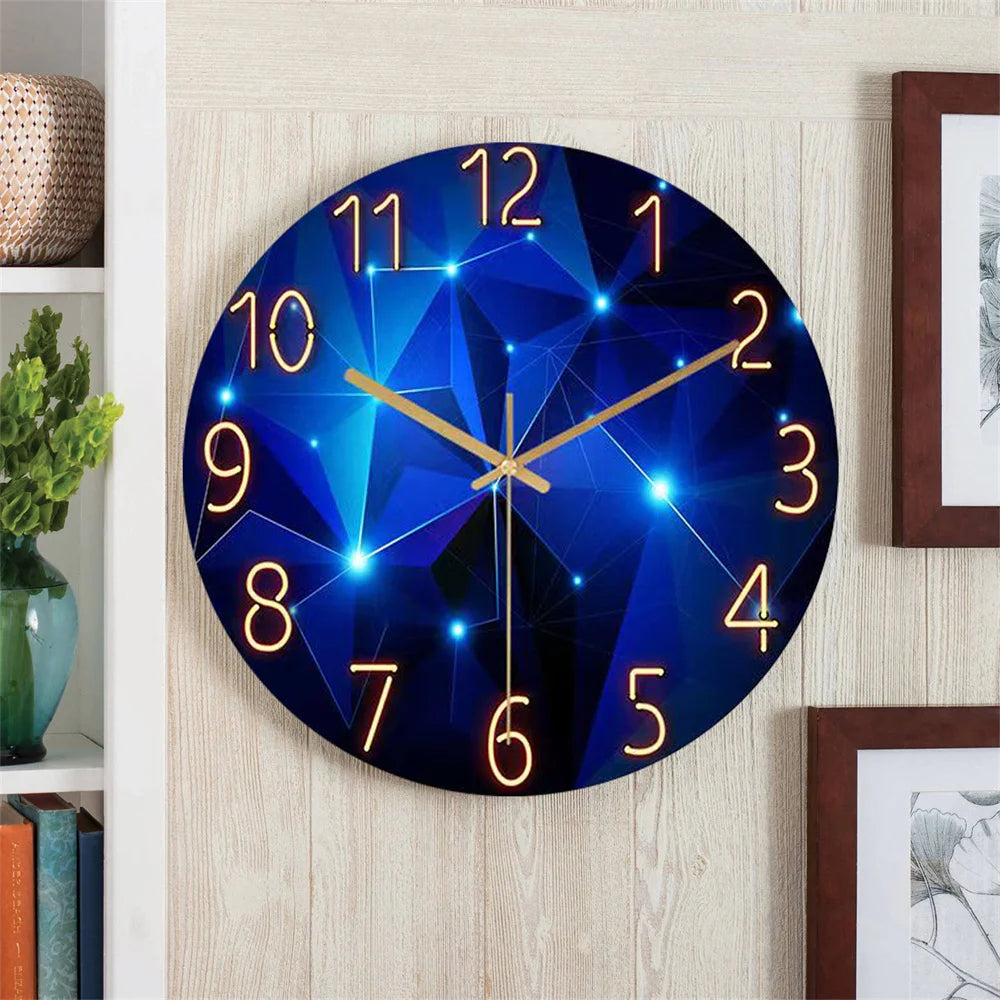 12inch Wall Clock Geometric Elements Dark Blue Thickened Tempered Glass Silent Movement Quartz Living Room Home Decor Gift