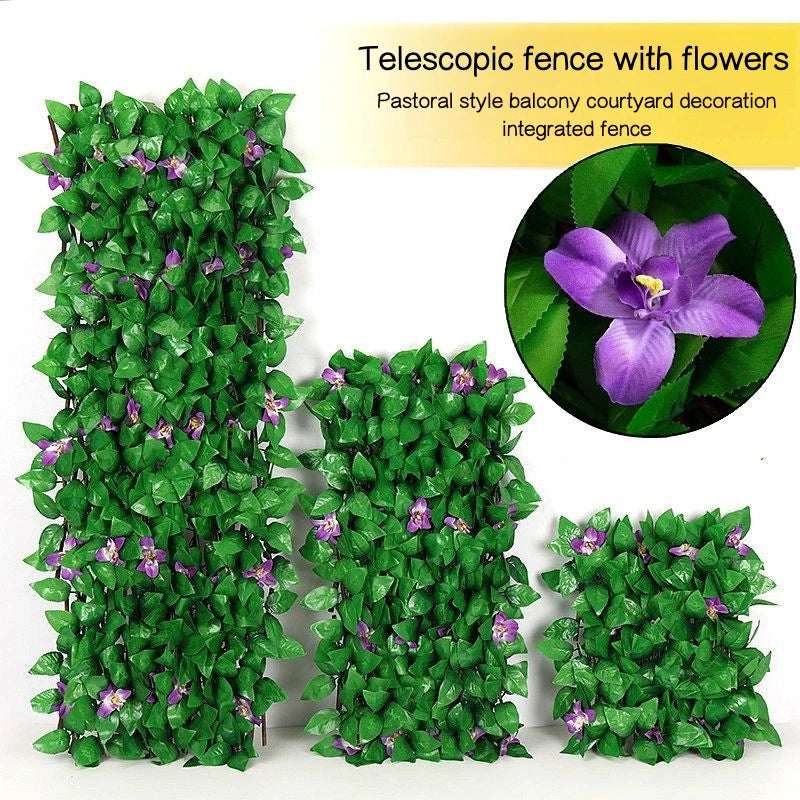 Simulation Fence Telescopic Fence Fake Flowers Green Leaves Artificial Faux Ivy Leaves Wooden Fence for Garden Decor Buildings