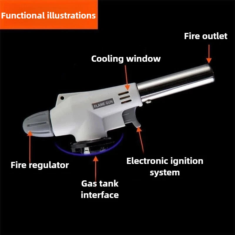 Portable Butane Flame Gun - 3-in-1 Camping BBQ Torch for Outdoor Cooking, Welding & Gas Burner with Windproof Design