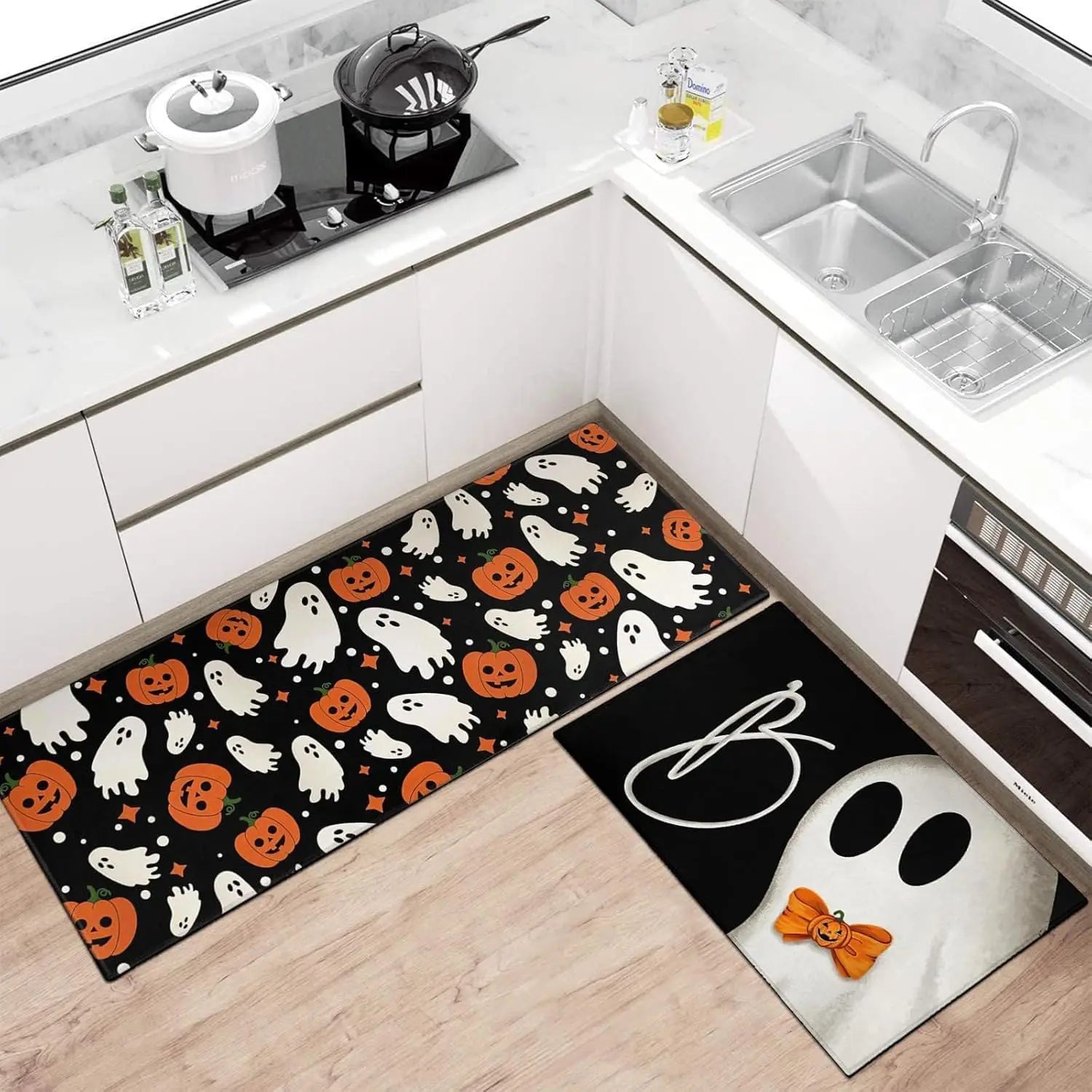 VIKAMA 2pcs Halloween Kitchen Carpet, Indoor And Outdoor Welcome Doormat, Bedroom And Living Room Floor Mat, Home Decoration
