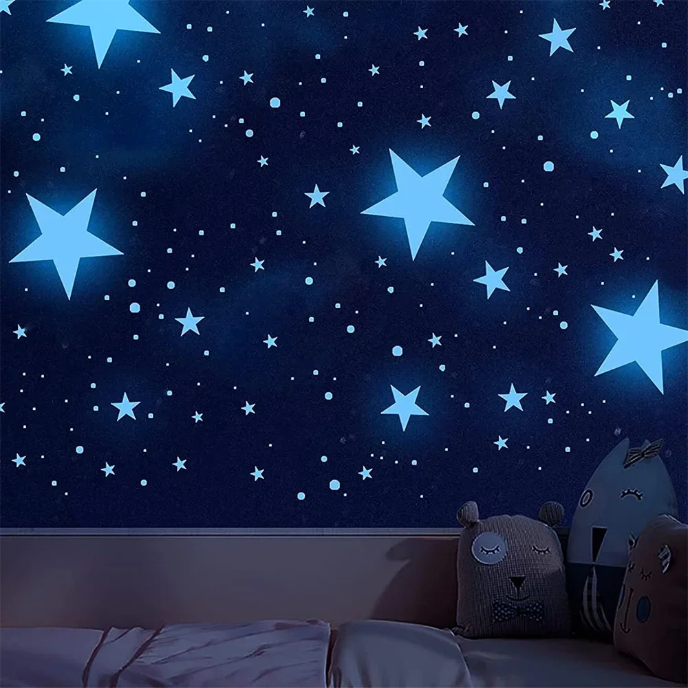 100 pcs Luminous Moon and Stars Wall Stickers Glow in the Dark Wall Decals Bedroom Ceiling Home Decorative Stickers Kids Room