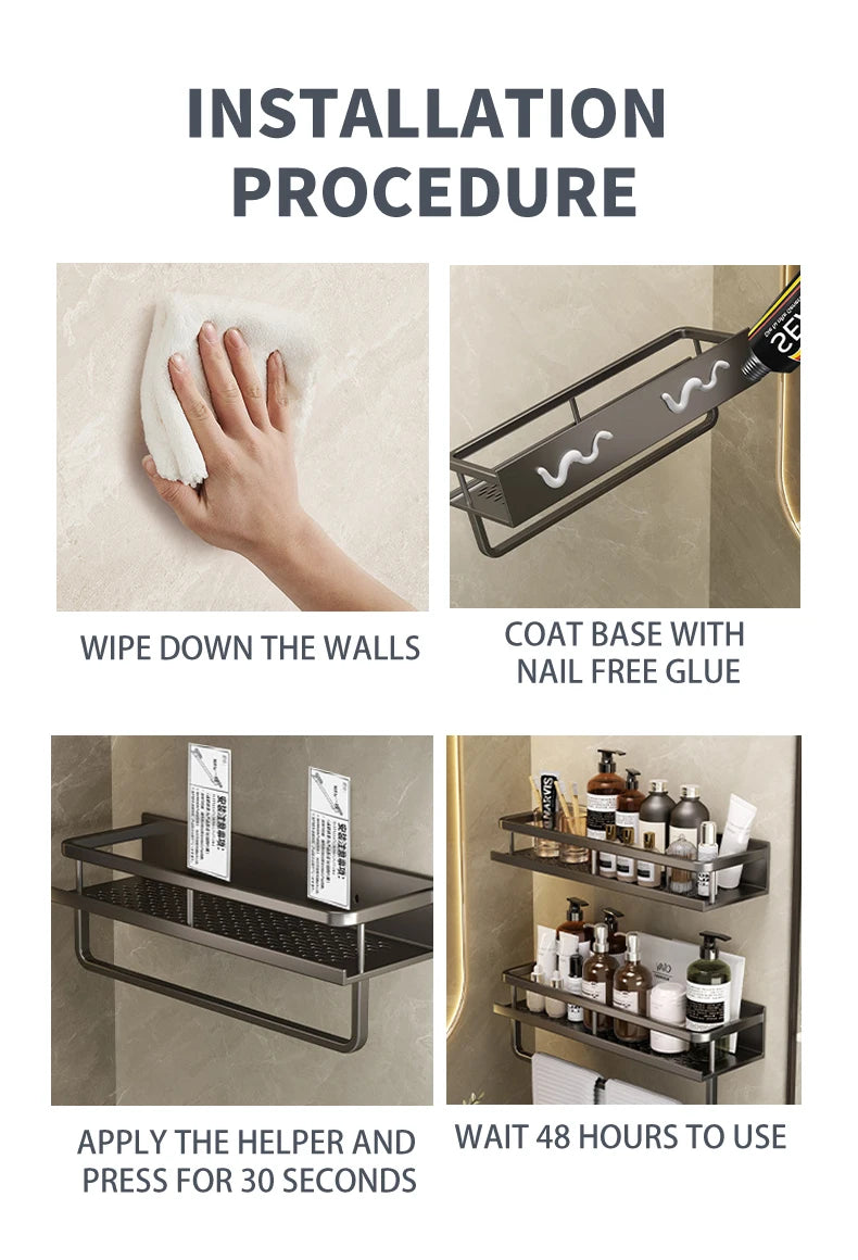 Bathroom Shelf Makeup Storage Organizers Aluminum Shower Shampoo Towel Rack Shelves No Drill Wall Shelf Bathroom Accessories