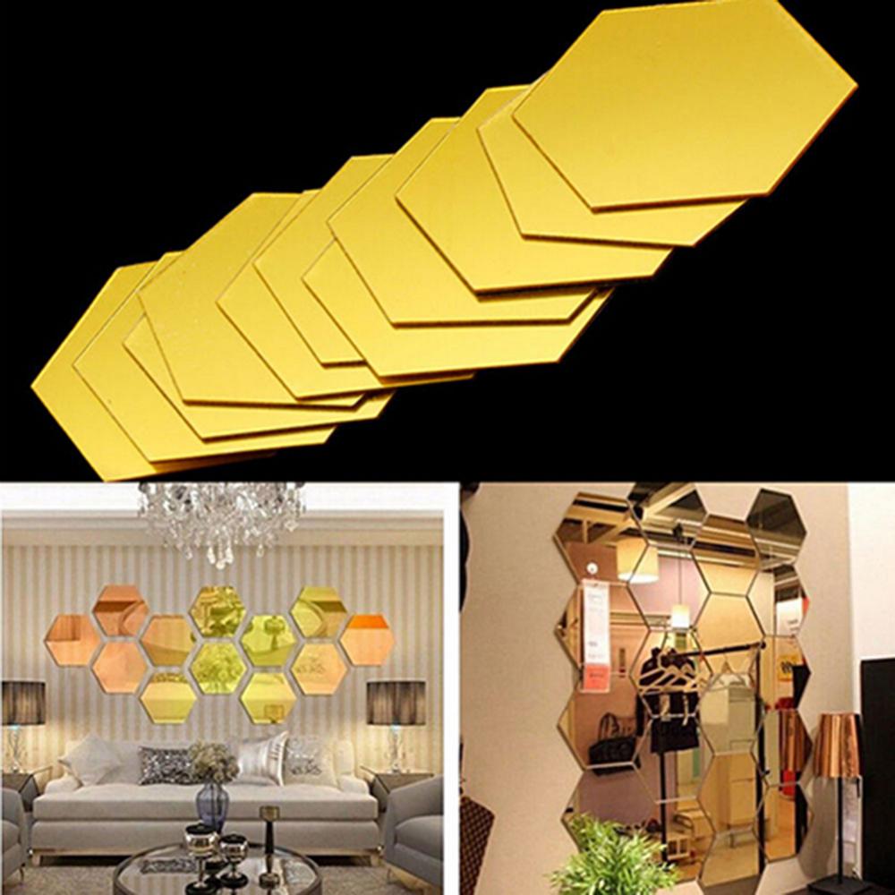 12Pcs Hexagonal Self Adhesive Mirror 3D Mirror Wall Sticker Home Decor Decorations DIY Removable Living Room Decal Art Ornaments