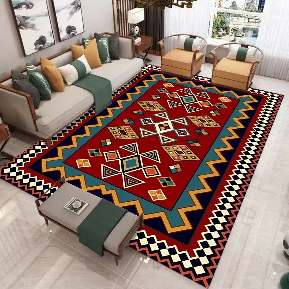 Retro red Bohemian-style printed carpet Red Kitchen Mat Decor Vibrant Living Room mat coffee table rug nonslip Machine washing