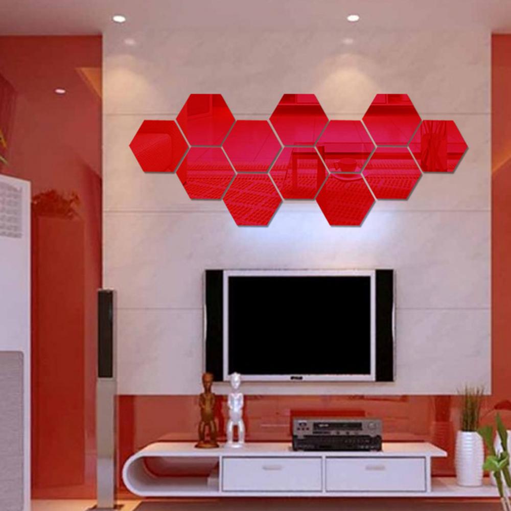 12Pcs Hexagonal Self Adhesive Mirror 3D Mirror Wall Sticker Home Decor Decorations DIY Removable Living Room Decal Art Ornaments