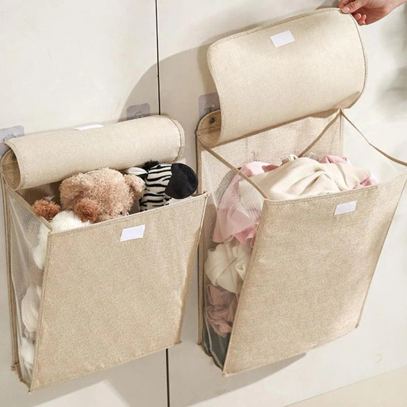 Foldable Adhesive Laundry Basket Hamper, Multifunctional Punch Free Wall Hanging Washing Clothes Mesh Hook Organizer