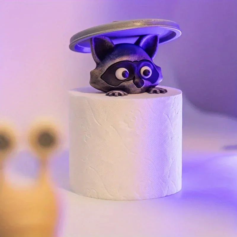 3D Printed Raccoon Toilet Paper Holder Adorable Playful Bathroom Decor with Lid Ideal Gift for Humor Lovers