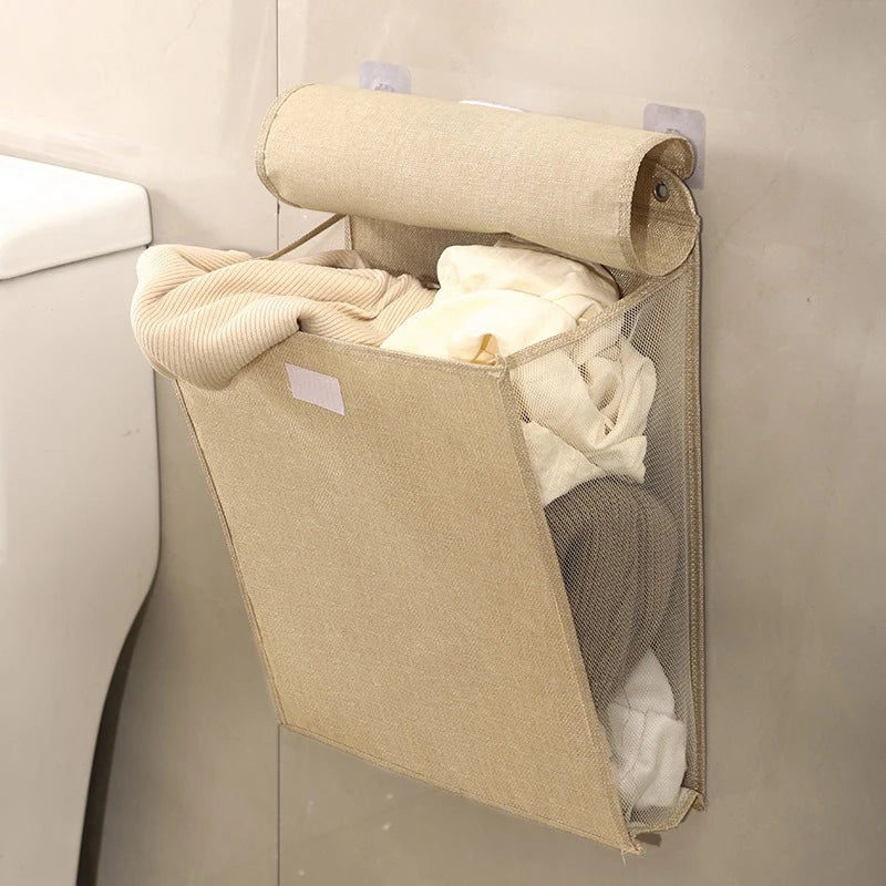 Foldable Adhesive Laundry Basket Hamper, Multifunctional Punch Free Wall Hanging Washing Clothes Mesh Hook Organizer