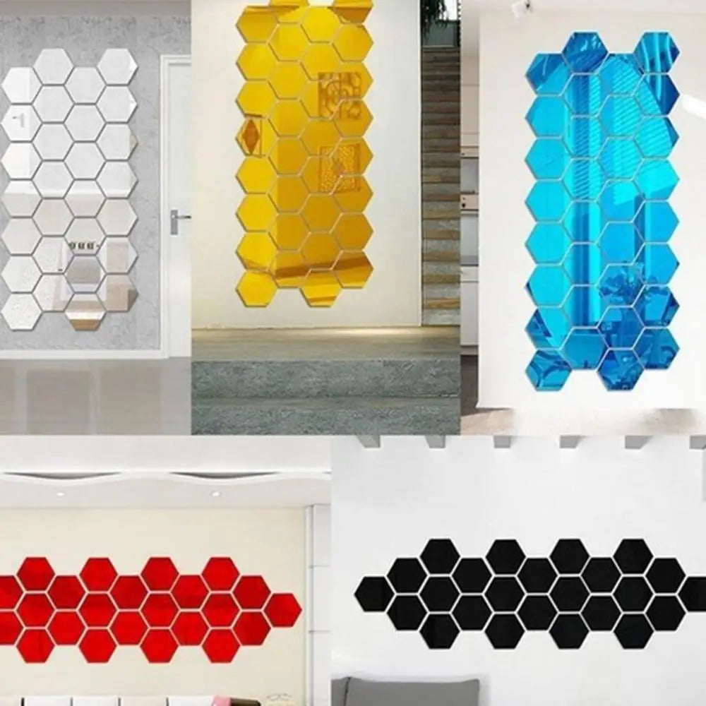12Pcs Hexagonal Self Adhesive Mirror 3D Mirror Wall Sticker Home Decor Decorations DIY Removable Living Room Decal Art Ornaments