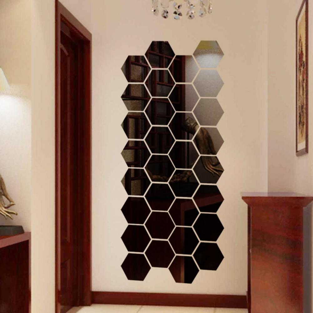 12Pcs Hexagonal Self Adhesive Mirror 3D Mirror Wall Sticker Home Decor Decorations DIY Removable Living Room Decal Art Ornaments