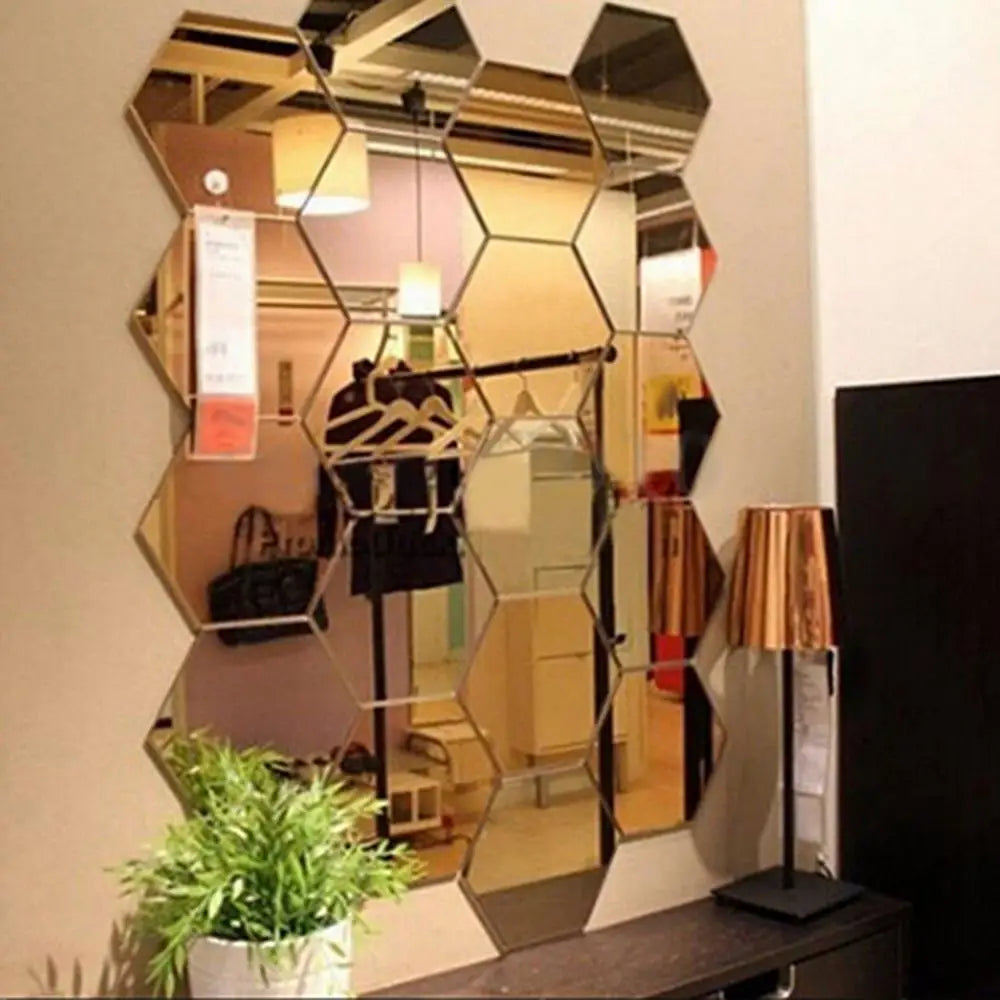 12Pcs Hexagonal Self Adhesive Mirror 3D Mirror Wall Sticker Home Decor Decorations DIY Removable Living Room Decal Art Ornaments