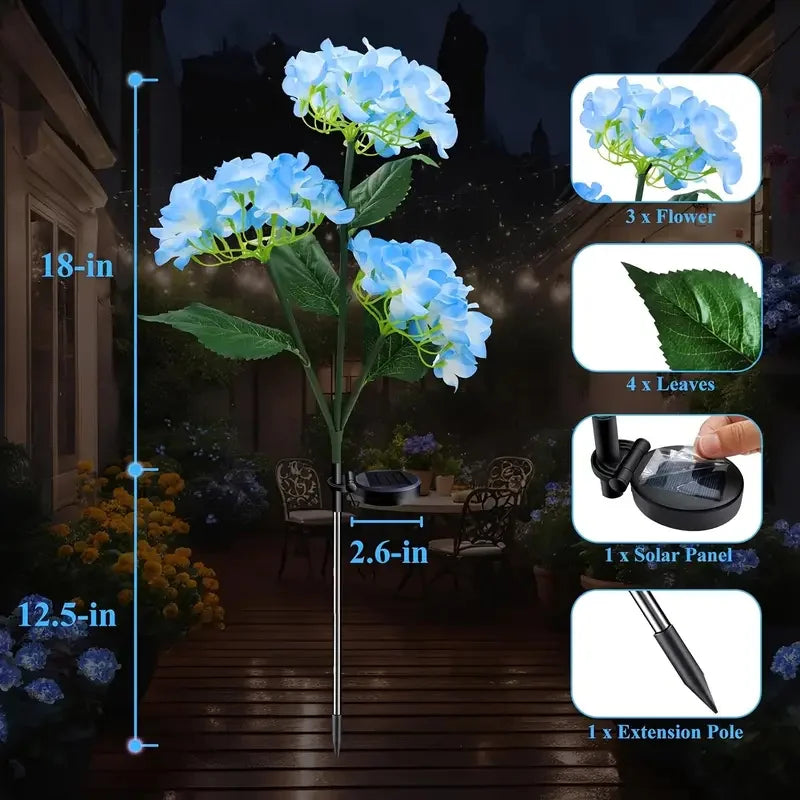Outdoor Solar Garden Light Solar Flower Lights with 3 Hydrangea Flowers Waterproof Solar Lights for Yard Patio Solar Lawn Lamp