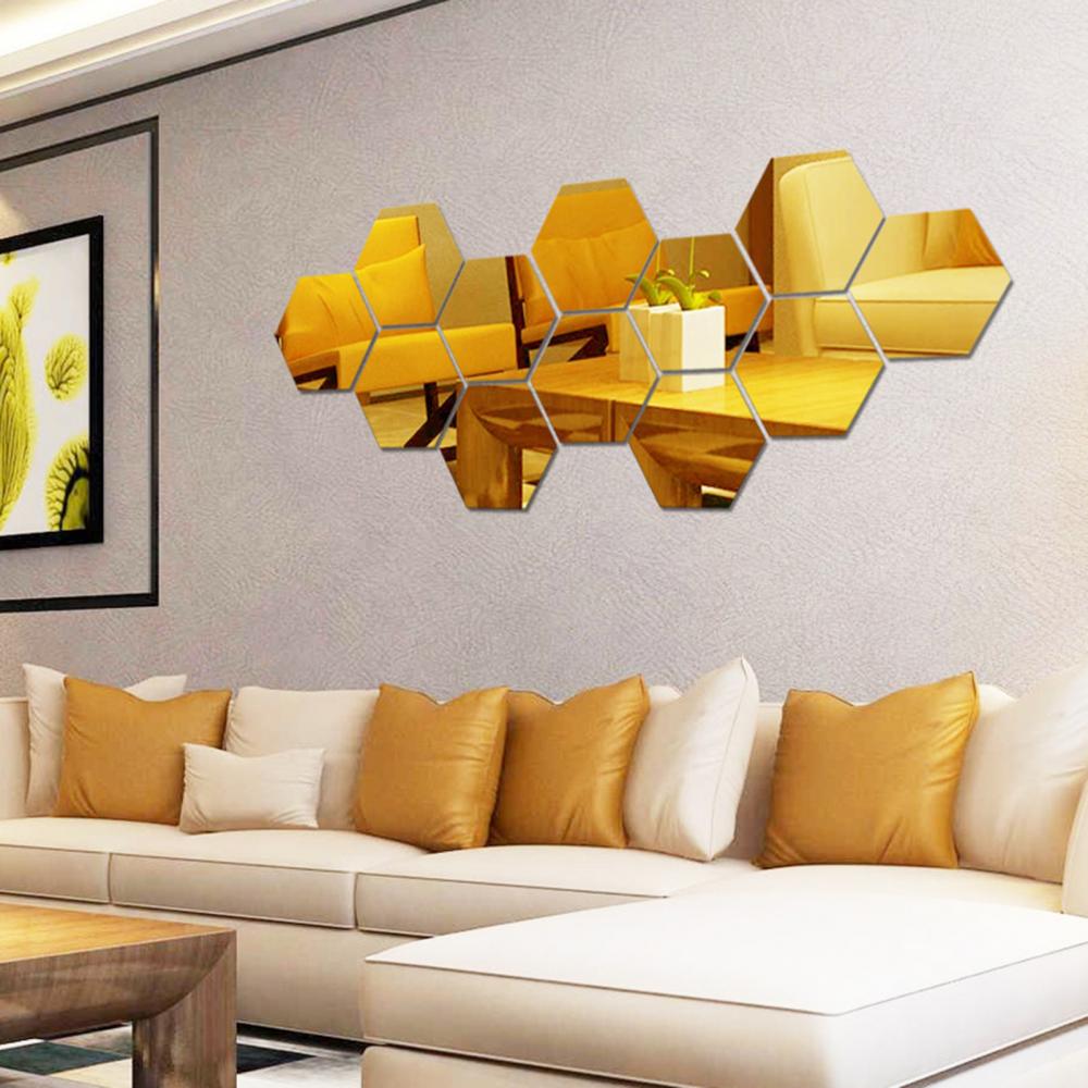 12Pcs Hexagonal Self Adhesive Mirror 3D Mirror Wall Sticker Home Decor Decorations DIY Removable Living Room Decal Art Ornaments