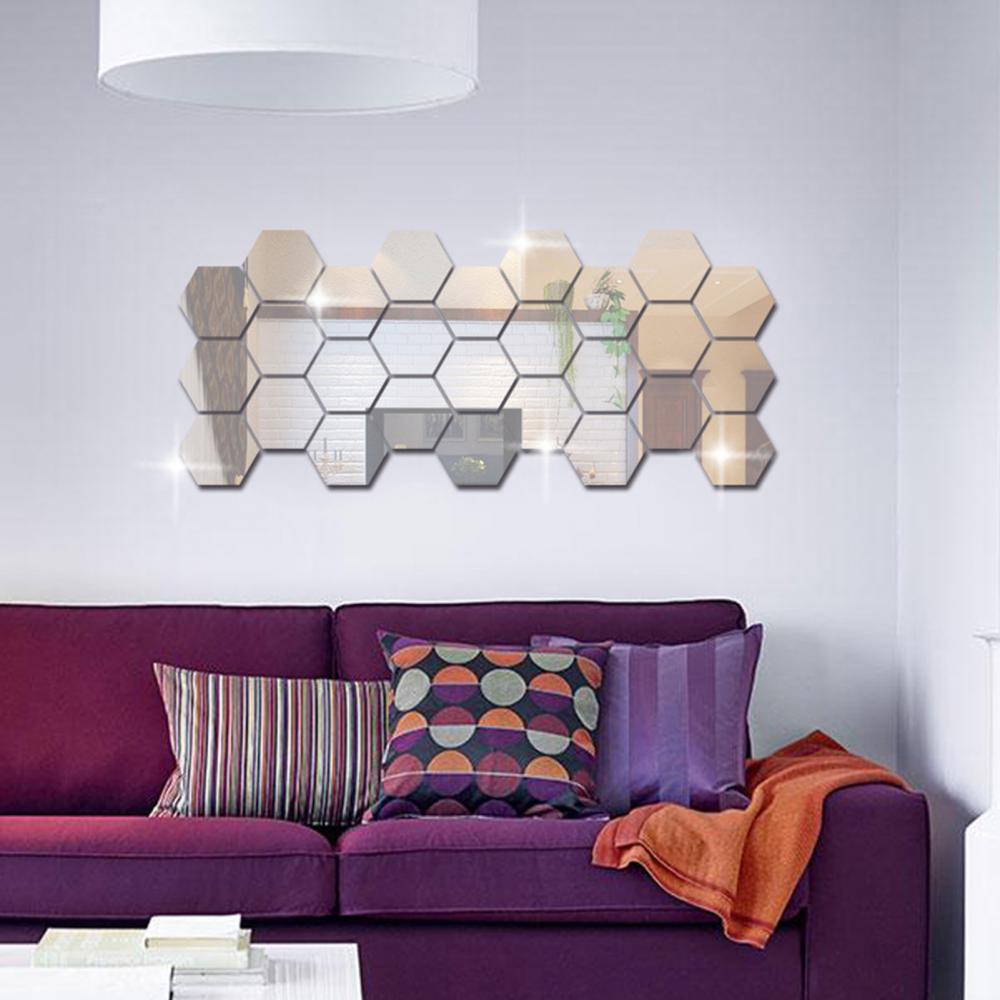 12Pcs Hexagonal Self Adhesive Mirror 3D Mirror Wall Sticker Home Decor Decorations DIY Removable Living Room Decal Art Ornaments