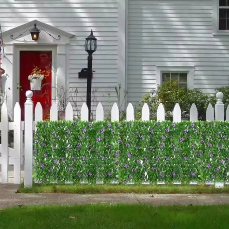 Simulation Fence Telescopic Fence Fake Flowers Green Leaves Artificial Faux Ivy Leaves Wooden Fence for Garden Decor Buildings