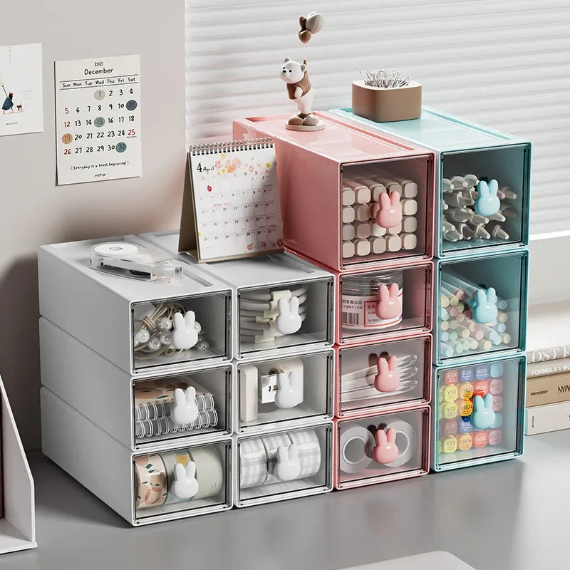 Rabbit Kawaii Desktop Organizer Office Transparent Drawer Student Desk Stationery and Sundry Storage Shelf Pen Holder Stationery