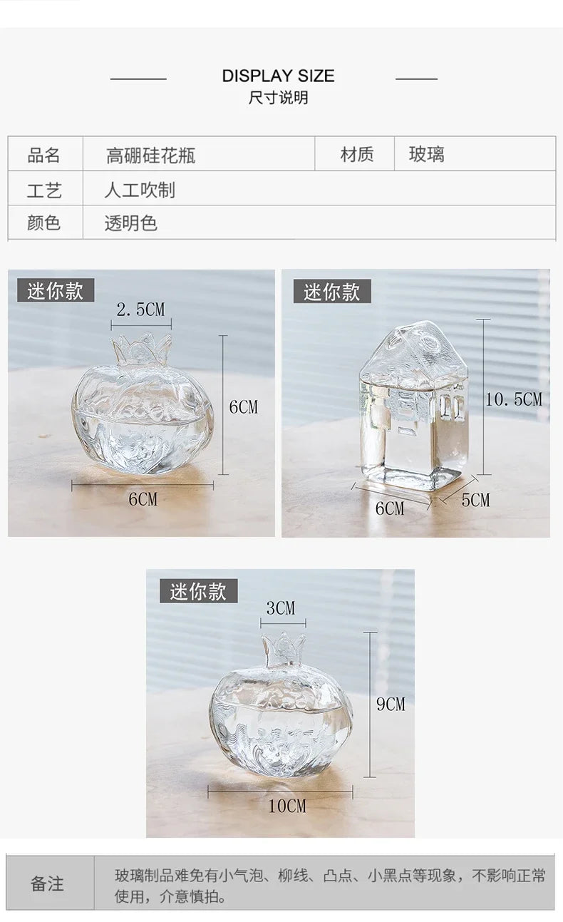 Creative Simple Small Pomegranate Glass Vase Desktop Hydroponic Lovely Hydroponic Flower Ornament Home Decor Vase Transparent