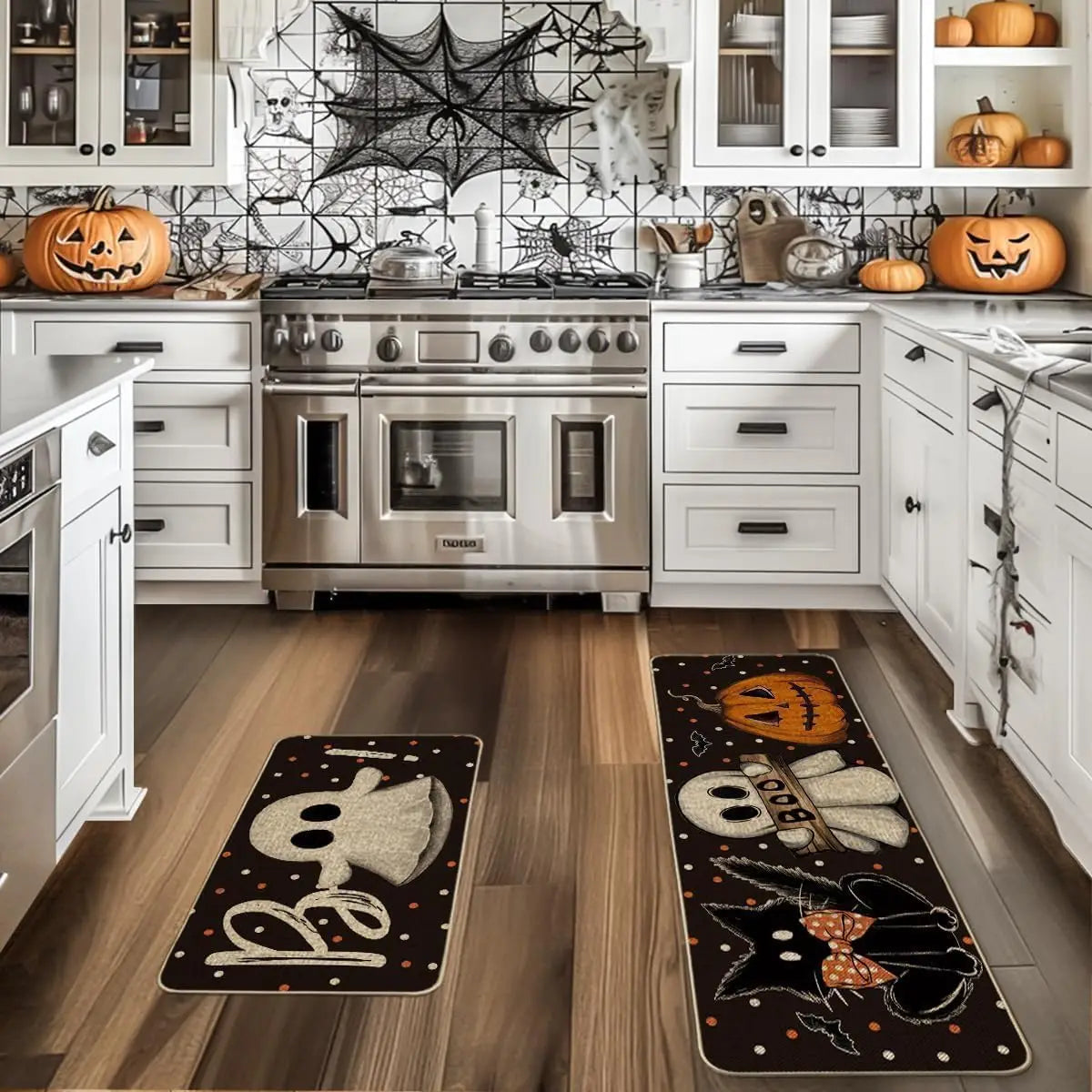 VIKAMA 2pcs Halloween Kitchen Carpet, Indoor And Outdoor Welcome Doormat, Bedroom And Living Room Floor Mat, Home Decoration