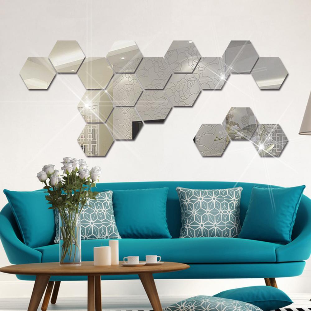 12Pcs Hexagonal Self Adhesive Mirror 3D Mirror Wall Sticker Home Decor Decorations DIY Removable Living Room Decal Art Ornaments